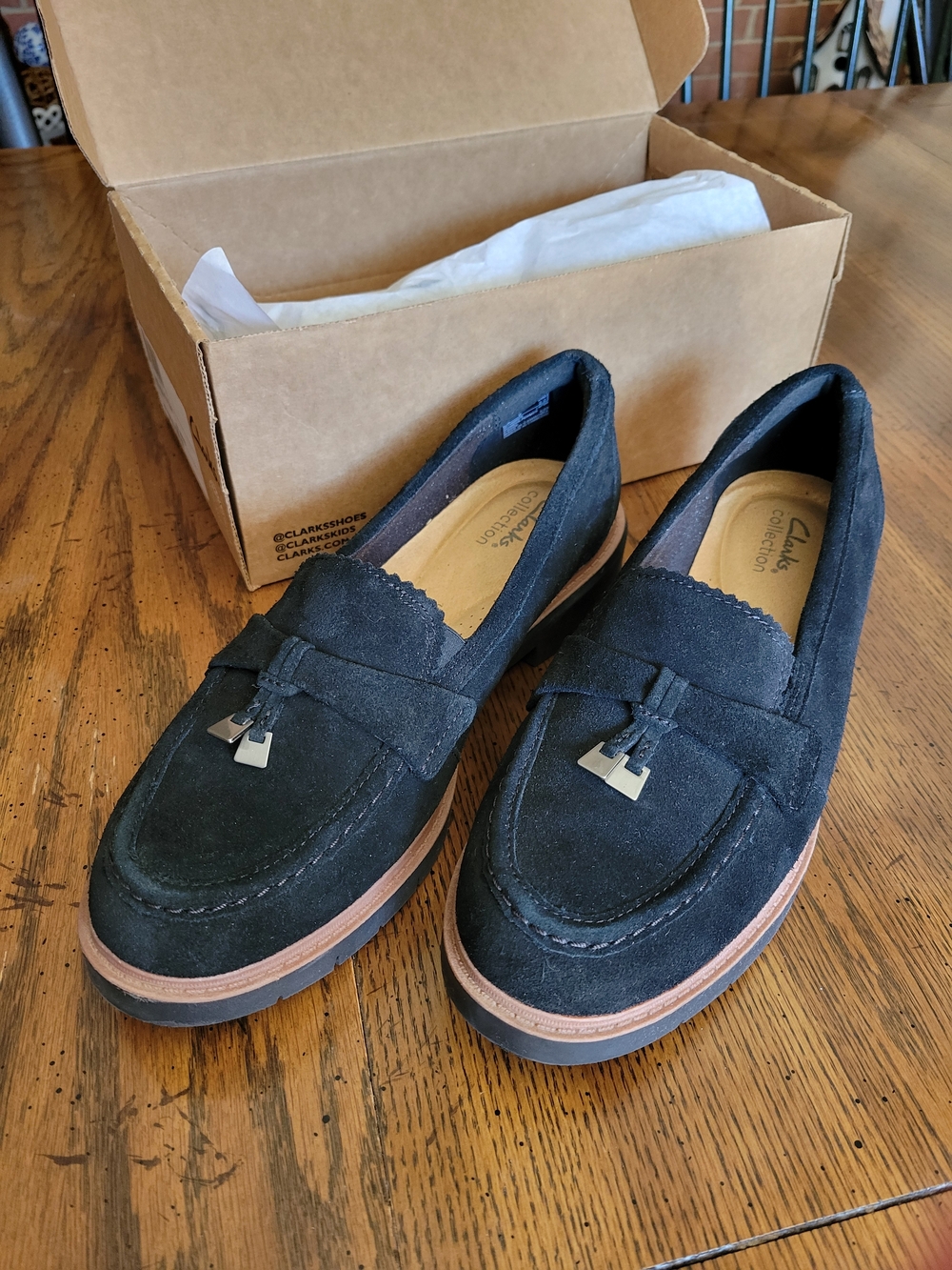 Clarks Black Suede Tassel Penny Loafers with Brown Trim Women's US 10